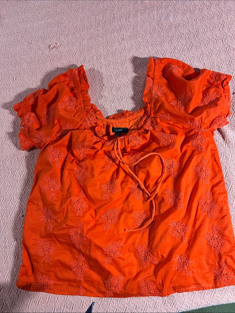 J. Crew Orange Embroidered Puff-Sleeve Tie-Neck Blouse